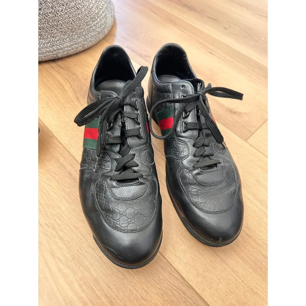Gucci Mens Black Guccissima Leather Web Stripe Low Top Sneakers size 10
